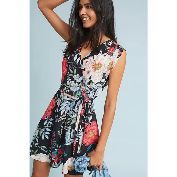 Yumi Kim Dresses & Skirts - Yumi Kim Anthropologie Silk Floral Mini Wrap Santorini Dress Black Multi Size S